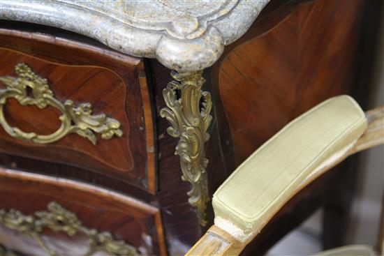 A Louis XVI marble topped and ormolu mounted serpentine commode, W.2ft 8in.